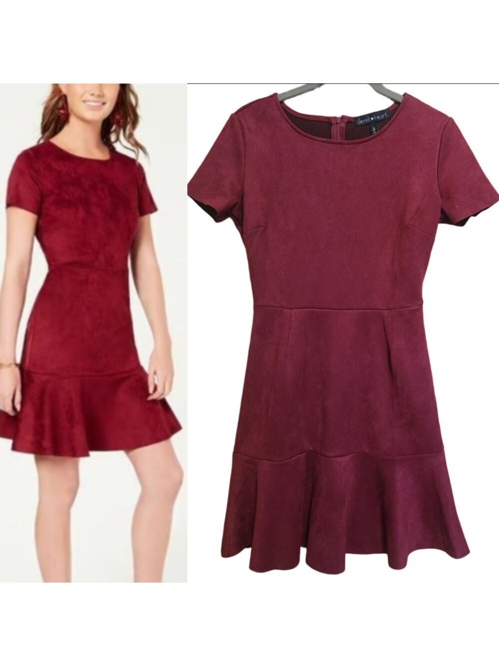 DEREK HEART BURGANDY RED FAUX SUEDE RUFFLE BOTTOM DRESS SIZE SMALL LIKE NEW!